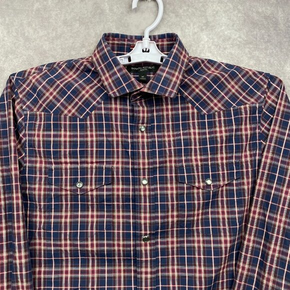 Banana Republic Slim Fit Pearl Snap Shirt Mens Medium Red Blue Plaid Western - Picture 3 of 9